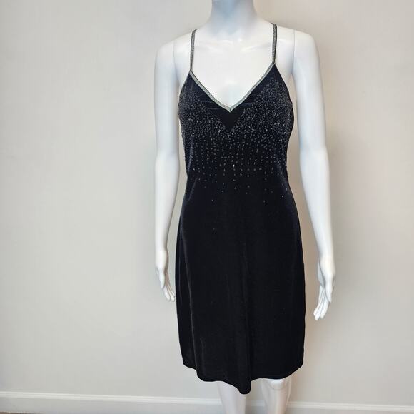 Vtg 90s California Concepts Embellished Velvet Mini Dress Size L Black V-neck - Picture 1 of 13